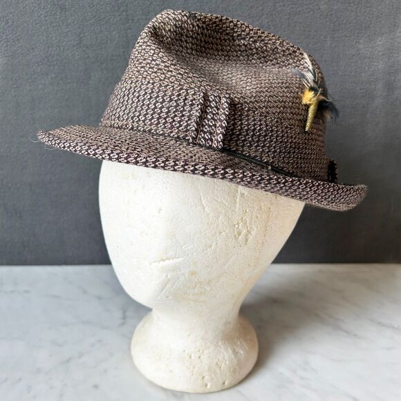 Vintage Kanyon Road Fedora Hat Brown Wool Tweed Gold Feather - Men's Size 7 - Picture 1 of 9